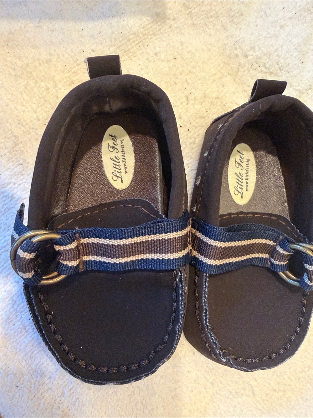 Navy & Brown Kids Moccasins with Striped Strap